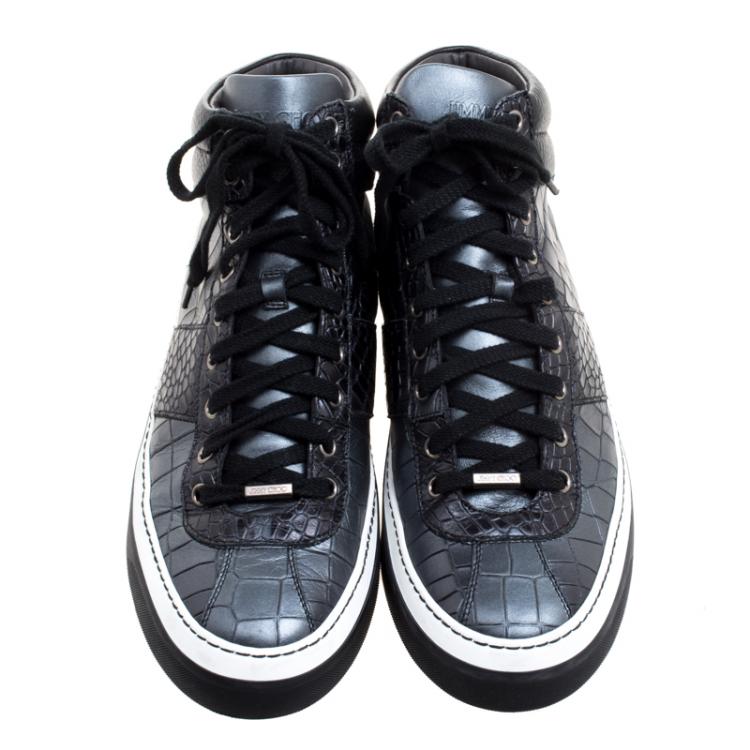 Pre Owned Jimmy Choo Black Metallic Crocodile Embossed Leather Belgravia High Top Sneakers Size 43