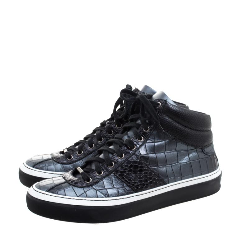 Pre Owned Jimmy Choo Black Metallic Crocodile Embossed Leather Belgravia High Top Sneakers Size 43