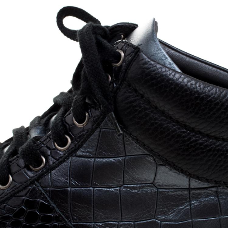 Pre Owned Jimmy Choo Black Metallic Crocodile Embossed Leather Belgravia High Top Sneakers Size 43