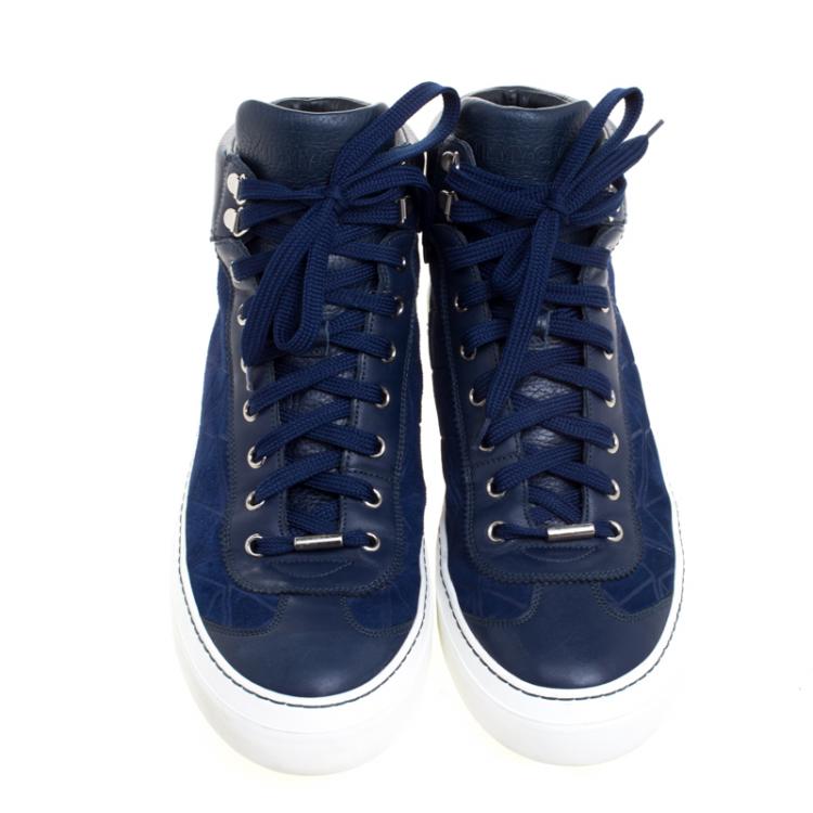 Pre Owned Jimmy Choo Marine Blue Suede and Leather Argyle High Top Sneakers Size 43