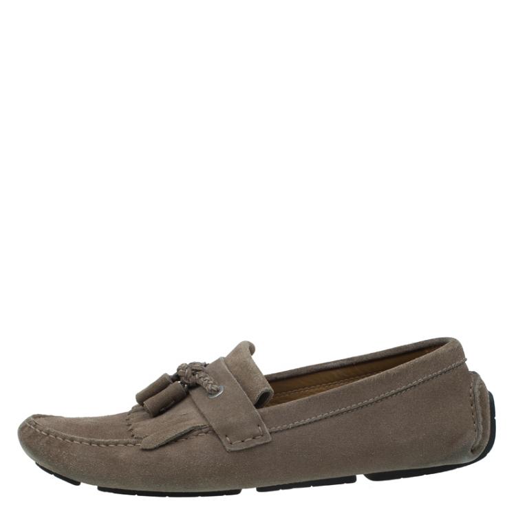 Pre Owned Jimmy Choo Beige Suede Eaton Tassel Fringe Loafers Size 43.5