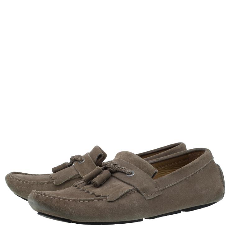 Pre Owned Jimmy Choo Beige Suede Eaton Tassel Fringe Loafers Size 43.5