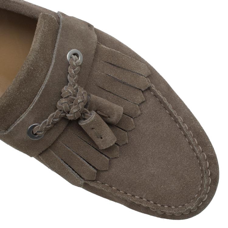 Pre Owned Jimmy Choo Beige Suede Eaton Tassel Fringe Loafers Size 43.5