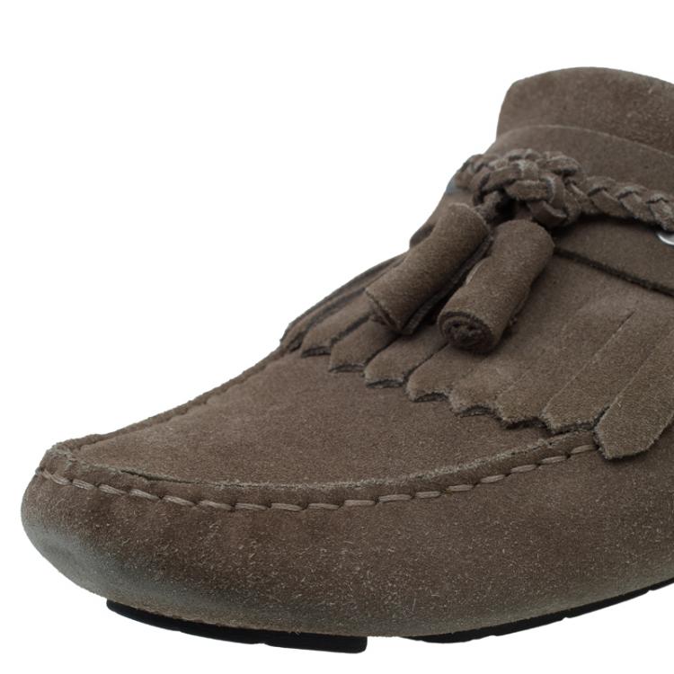 Pre Owned Jimmy Choo Beige Suede Eaton Tassel Fringe Loafers Size 43.5