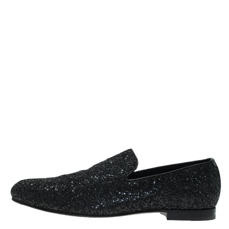 Pre Owned Jimmy Choo Black Coarse Glitter Sloane Smoking Slippers Size 44