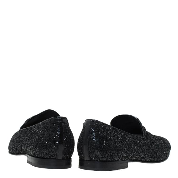 Pre Owned Jimmy Choo Black Coarse Glitter Sloane Smoking Slippers Size 44