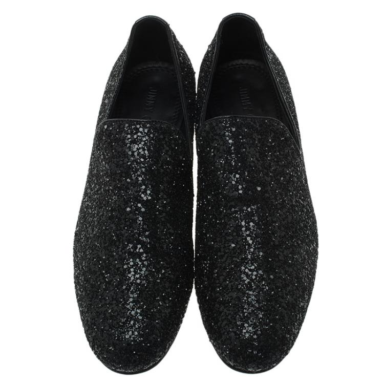 Pre Owned Jimmy Choo Black Coarse Glitter Sloane Smoking Slippers Size 44