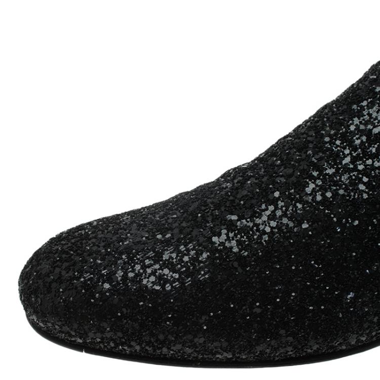 Pre Owned Jimmy Choo Black Coarse Glitter Sloane Smoking Slippers Size 44