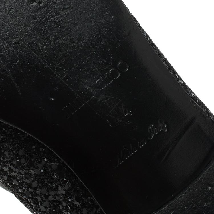 Pre Owned Jimmy Choo Black Coarse Glitter Sloane Smoking Slippers Size 44