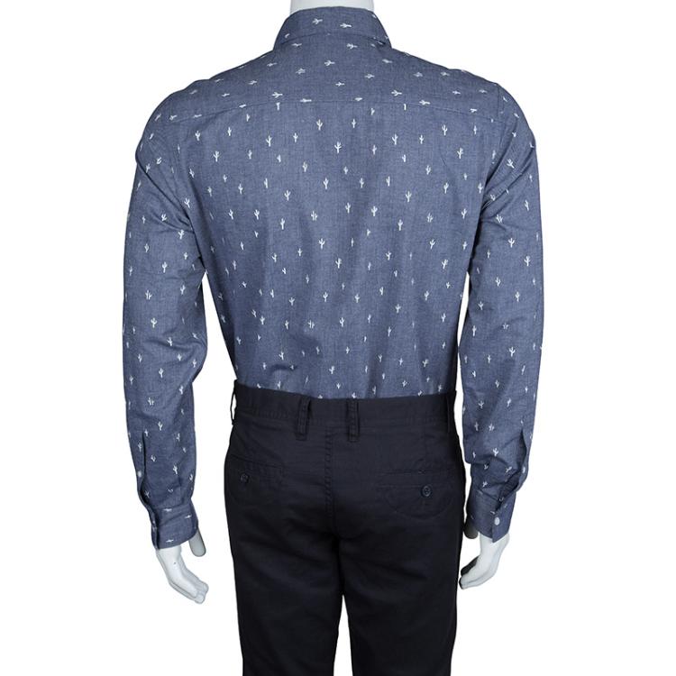 Pre Owned Kenzo Men's Indigo Chambray Cactus Print Long Sleeve Buttondown Slim Fit Shirt L