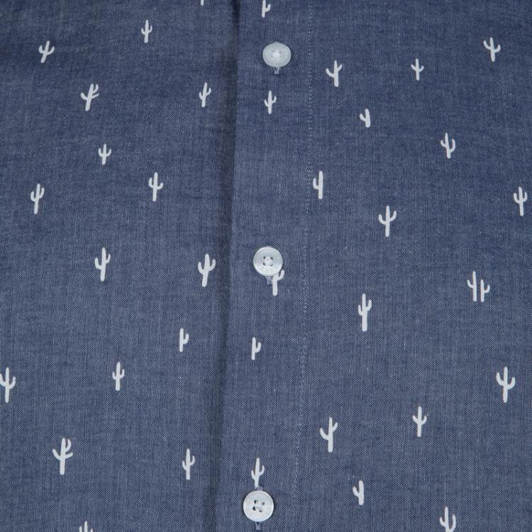 Pre Owned Kenzo Men's Indigo Chambray Cactus Print Long Sleeve Buttondown Slim Fit Shirt L