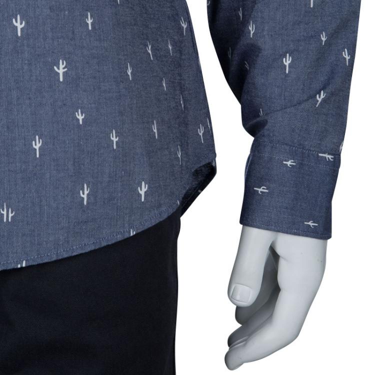 Pre Owned Kenzo Men's Indigo Chambray Cactus Print Long Sleeve Buttondown Slim Fit Shirt L