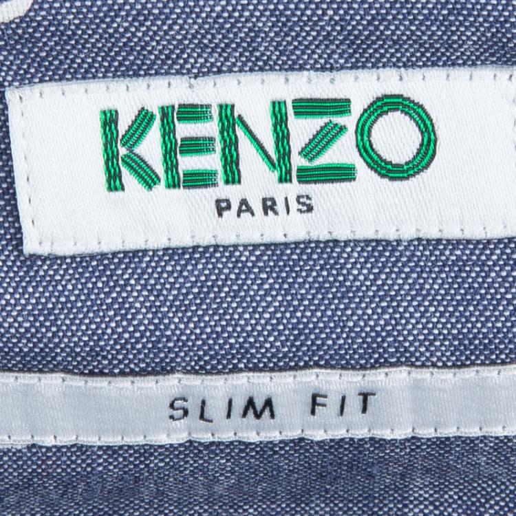 Pre Owned Kenzo Men's Indigo Chambray Cactus Print Long Sleeve Buttondown Slim Fit Shirt L