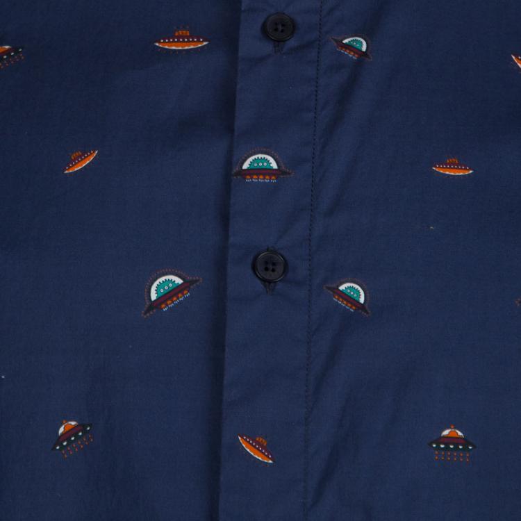 Pre Owned Kenzo Navy Blue Cotton Spaceship Print Long Sleeve Buttondown Slim Fit Shirt L