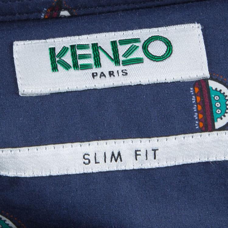 Pre Owned Kenzo Navy Blue Cotton Spaceship Print Long Sleeve Buttondown Slim Fit Shirt L