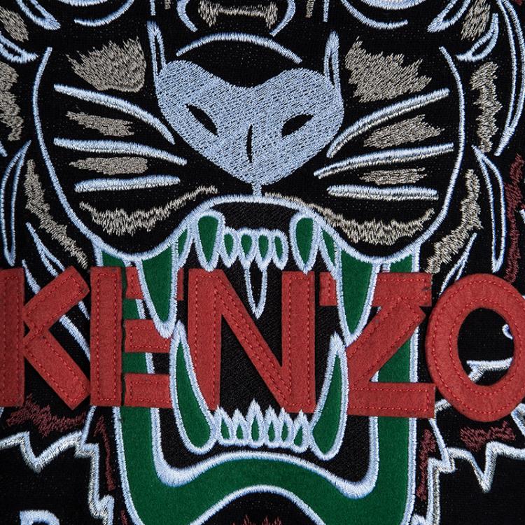 Pre Owned Kenzo Black Striped Knit Embroidered Tiger Motif Sweatshirt XXL