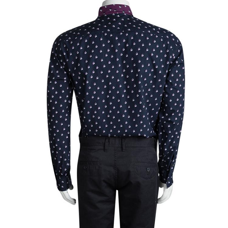 Pre Owned Kenzo Navy Blue Contrast Collar Printed Button Down Shirt XL