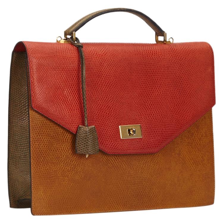 Pre Owned Lancel Bi Color Lizard Embossed Leather Attache Briefcase