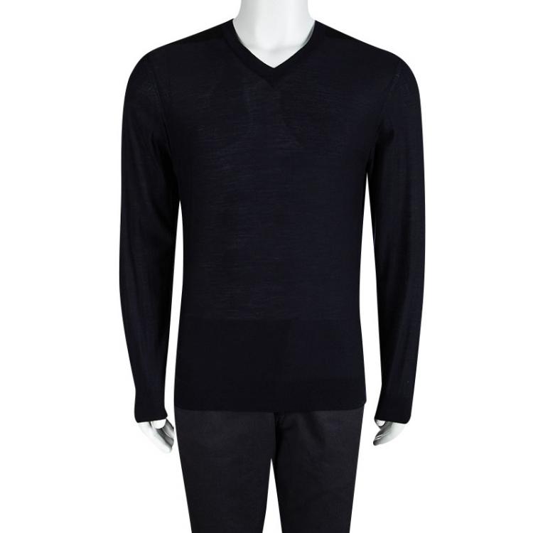 Pre Owned Lanvin Navy Blue Merinos Wool V-Neck Sweater L