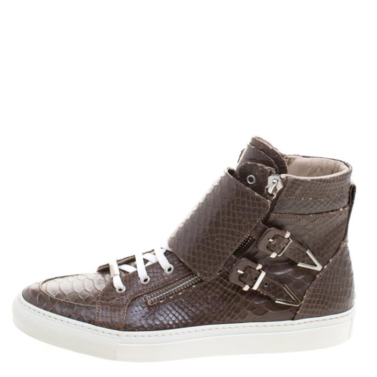 Pre Owned Le Silla Brown Python Embossed Leather High Top Sneakers Size 44