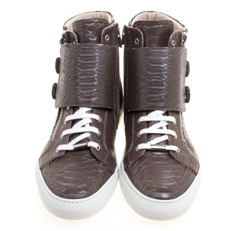 Pre Owned Le Silla Brown Python Embossed Leather High Top Sneakers Size 44