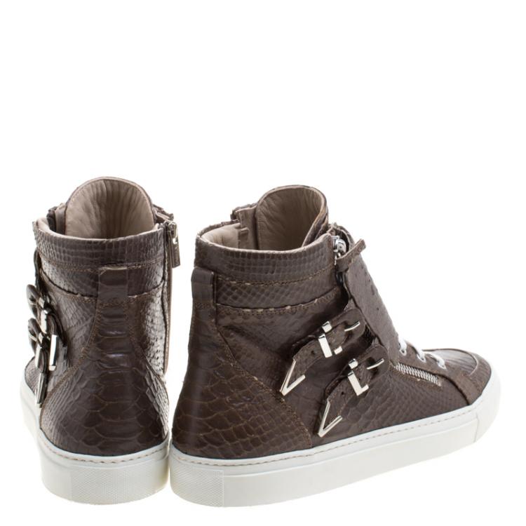 Pre Owned Le Silla Brown Python Embossed Leather High Top Sneakers Size 44