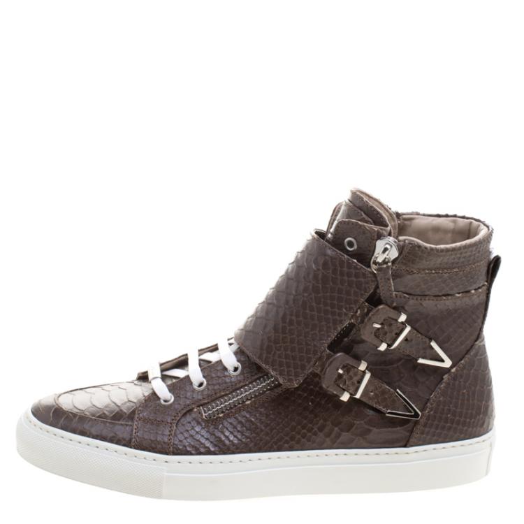 Pre Owned Le Silla Brown Python Embossed Leather High Top Sneakers Size 43