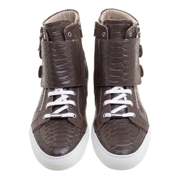 Pre Owned Le Silla Brown Python Embossed Leather High Top Sneakers Size 43