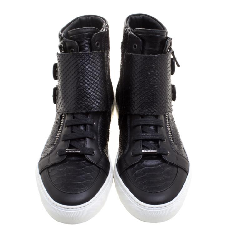 Pre Owned Le Silla Black Python Embossed Leather High Top Sneakers Size 41.5