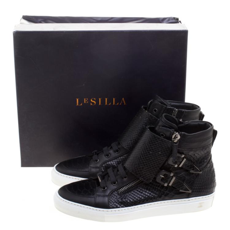 Pre Owned Le Silla Black Python Embossed Leather High Top Sneakers Size 41.5