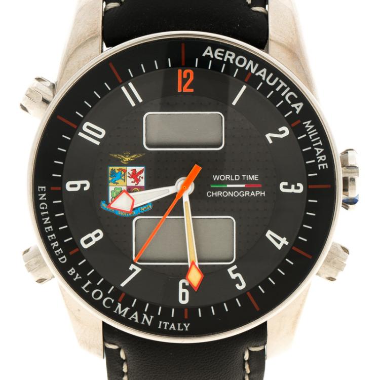 Pre Owned Locman Black Limited Edition Aeronautica Leather Men's Wristwatch 44MM