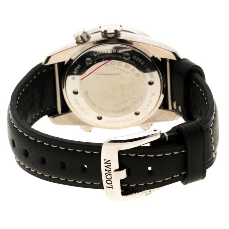 Pre Owned Locman Black Limited Edition Aeronautica Leather Men's Wristwatch 44MM