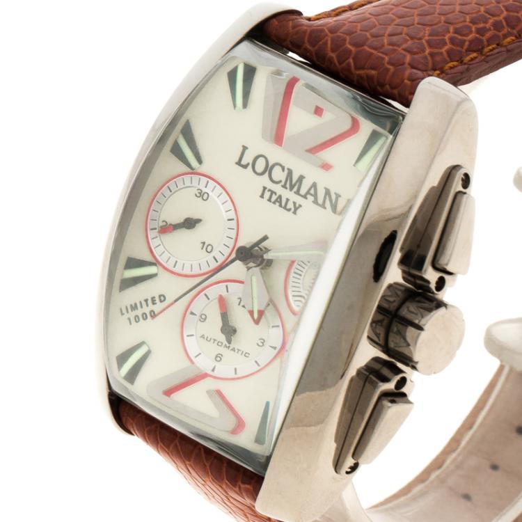 مملوكة مسبقًا Locman Cream Panorama N.00299 Ostrich Leather Men's Wristwatch 37MM