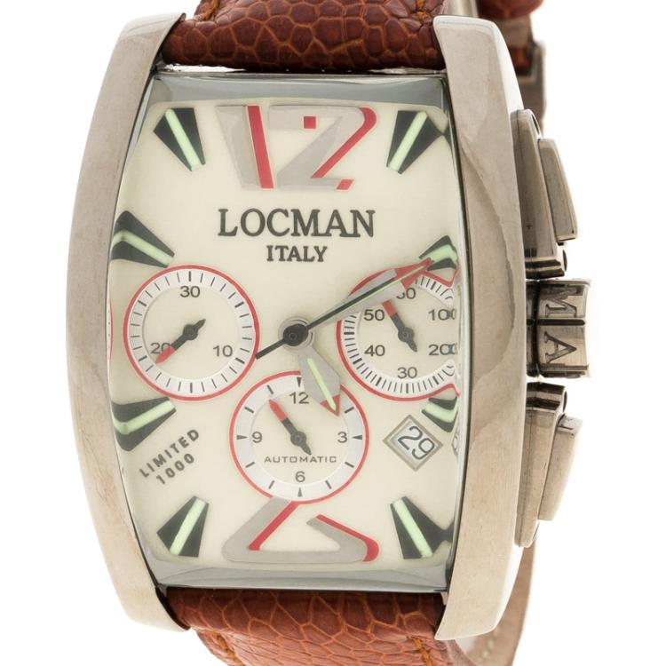 مملوكة مسبقًا Locman Cream Panorama N.00299 Ostrich Leather Men's Wristwatch 37MM