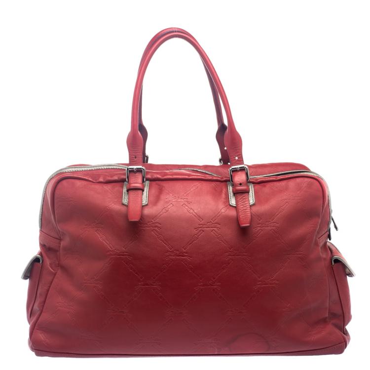 Pre Owned Longchamp Red Embossed Leather Travel Satchel