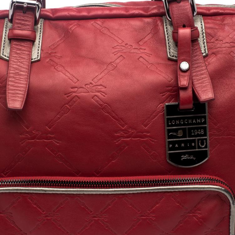 Pre Owned Longchamp Red Embossed Leather Travel Satchel