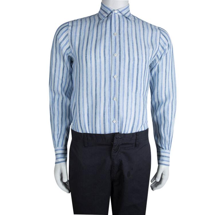Pre Owned Loro Piana Blue Striped Linen Long Sleeve Button Front Shirt S