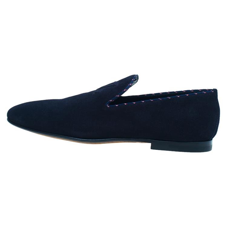Pre Owned Louis Vuitton Navy Blue Suede Logo Smoking Slippers  Size 42.5