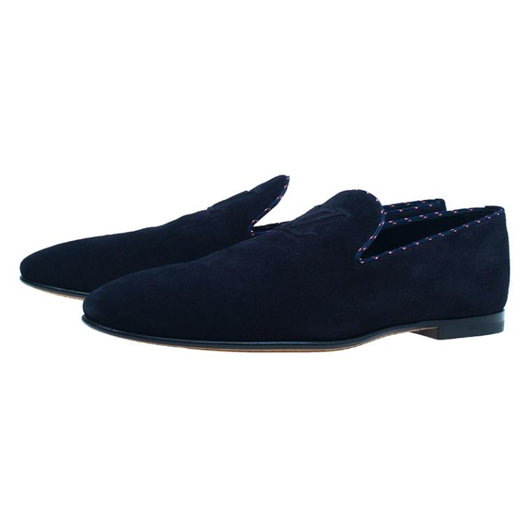Pre Owned Louis Vuitton Navy Blue Suede Logo Smoking Slippers  Size 42.5
