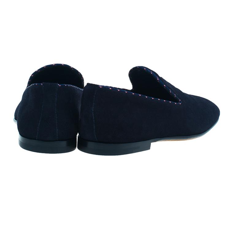 Pre Owned Louis Vuitton Navy Blue Suede Logo Smoking Slippers  Size 42.5