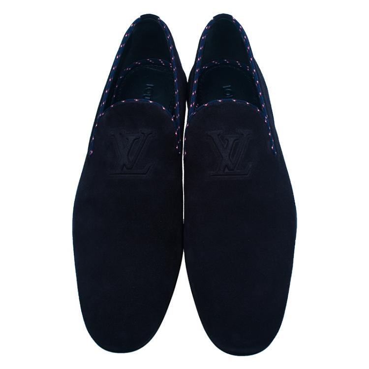 Pre Owned Louis Vuitton Navy Blue Suede Logo Smoking Slippers  Size 42.5