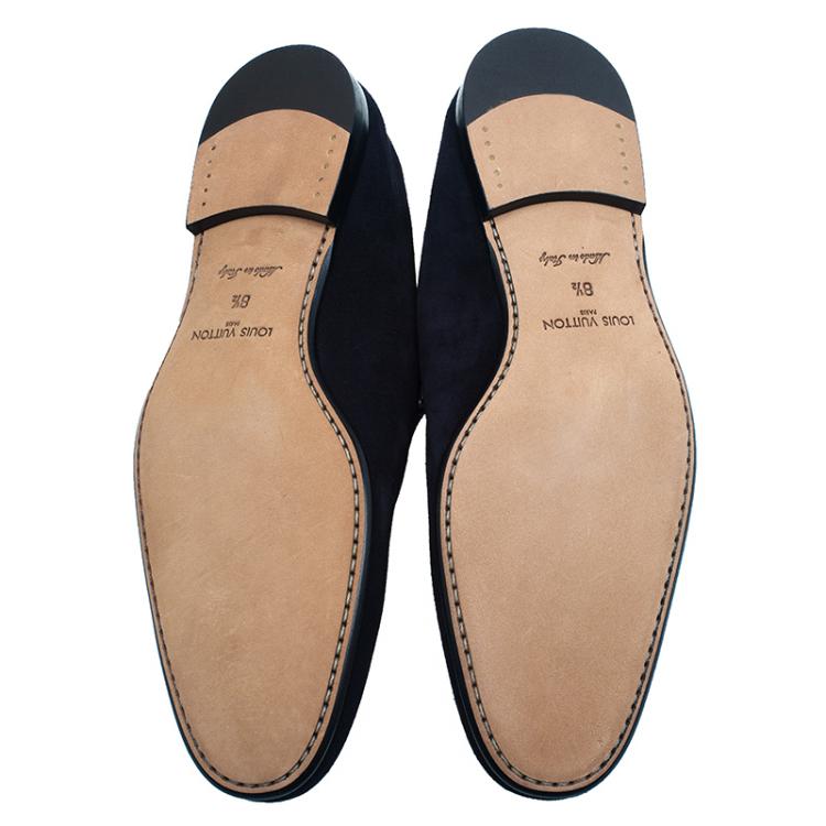 Pre Owned Louis Vuitton Navy Blue Suede Logo Smoking Slippers  Size 42.5