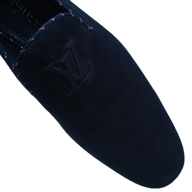 Pre Owned Louis Vuitton Navy Blue Suede Logo Smoking Slippers  Size 42.5