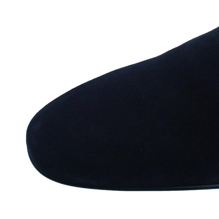 Pre Owned Louis Vuitton Navy Blue Suede Logo Smoking Slippers  Size 42.5