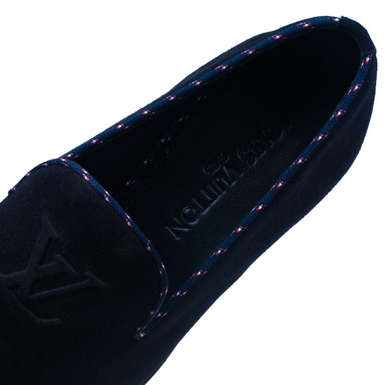 Pre Owned Louis Vuitton Navy Blue Suede Logo Smoking Slippers  Size 42.5