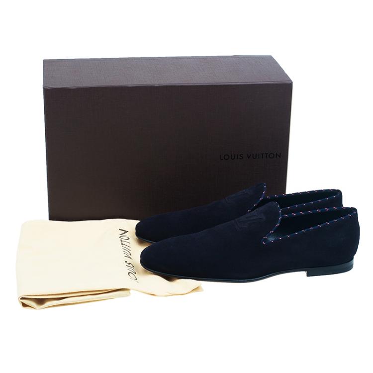 Pre Owned Louis Vuitton Navy Blue Suede Logo Smoking Slippers  Size 42.5