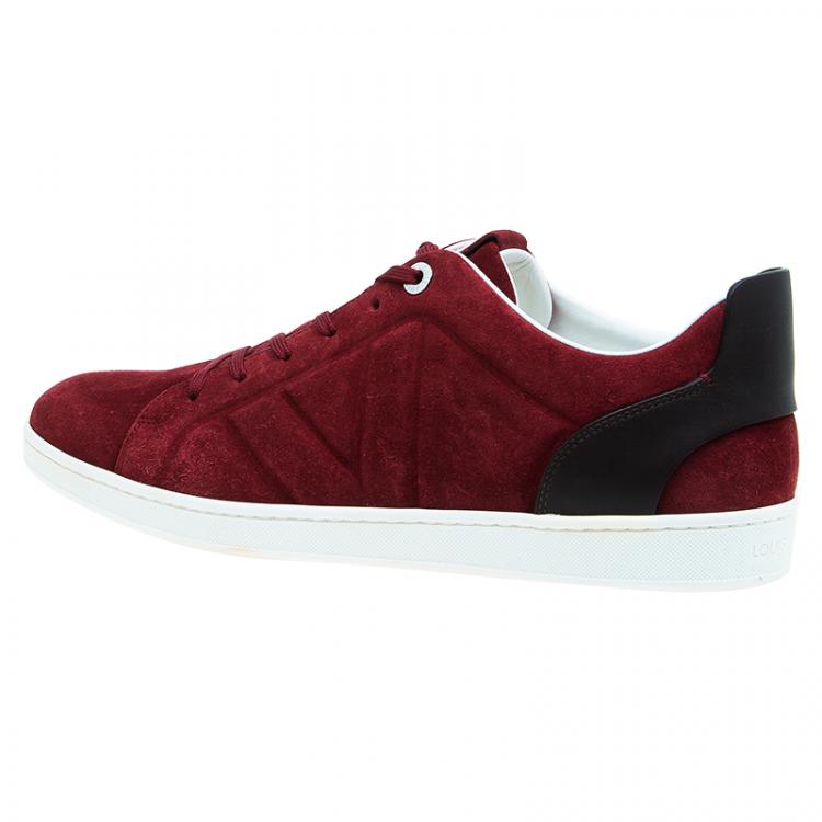 Pre Owned Louis Vuitton Red Suede Logo Lace Up Sneakers Size 43.5