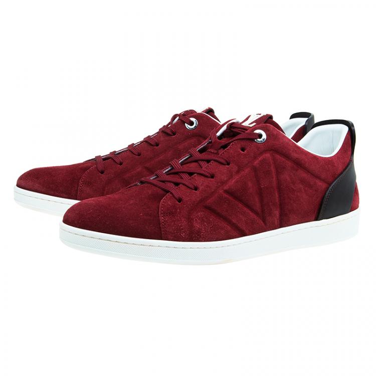 Pre Owned Louis Vuitton Red Suede Logo Lace Up Sneakers Size 43.5