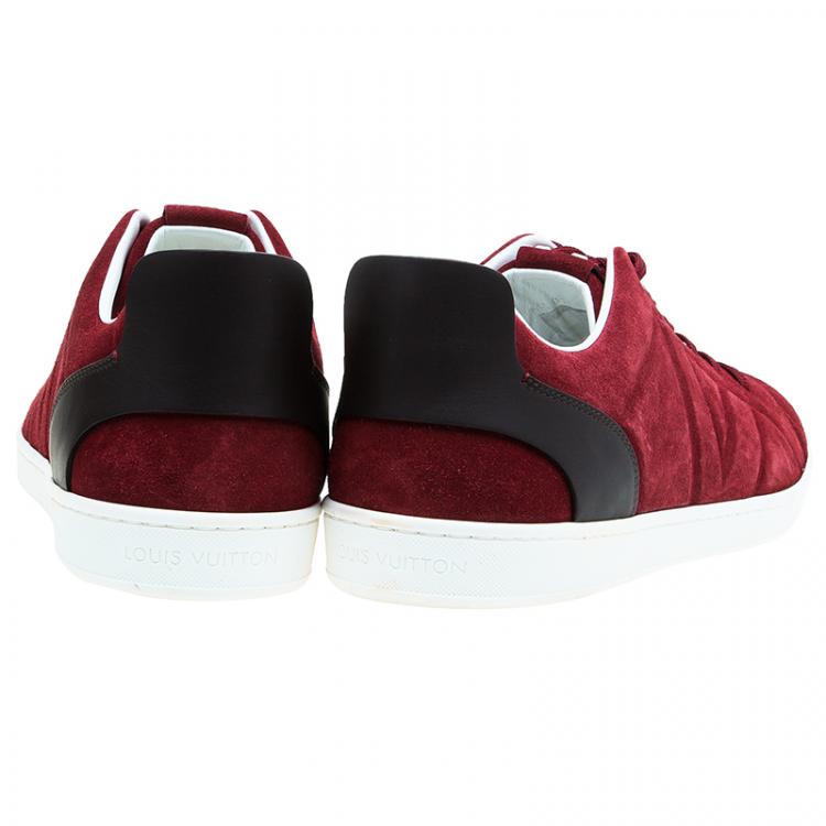 Pre Owned Louis Vuitton Red Suede Logo Lace Up Sneakers Size 43.5