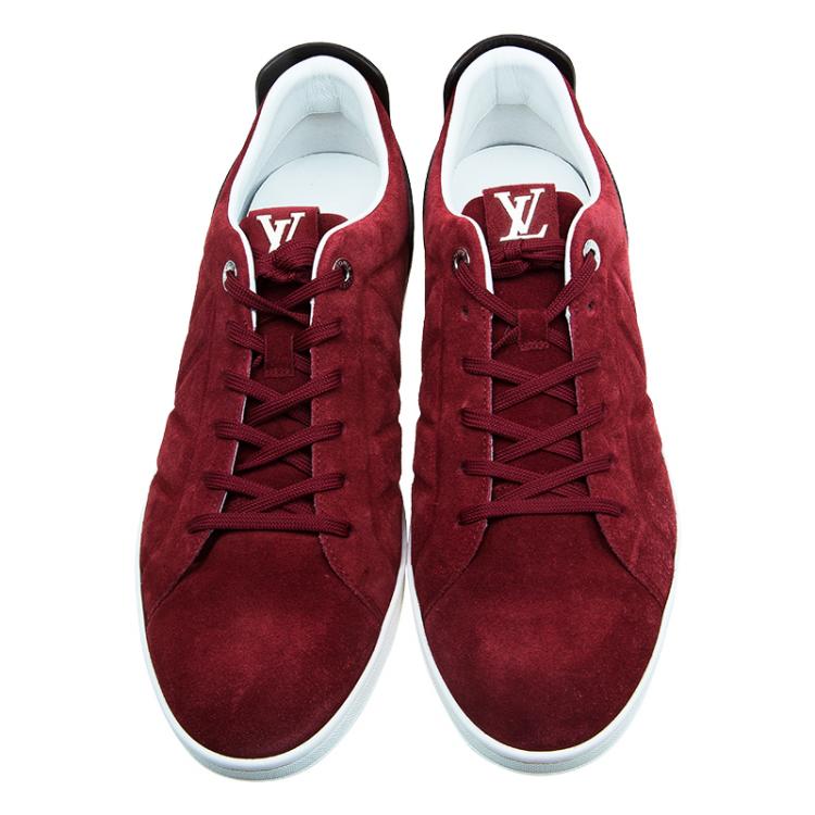 Pre Owned Louis Vuitton Red Suede Logo Lace Up Sneakers Size 43.5